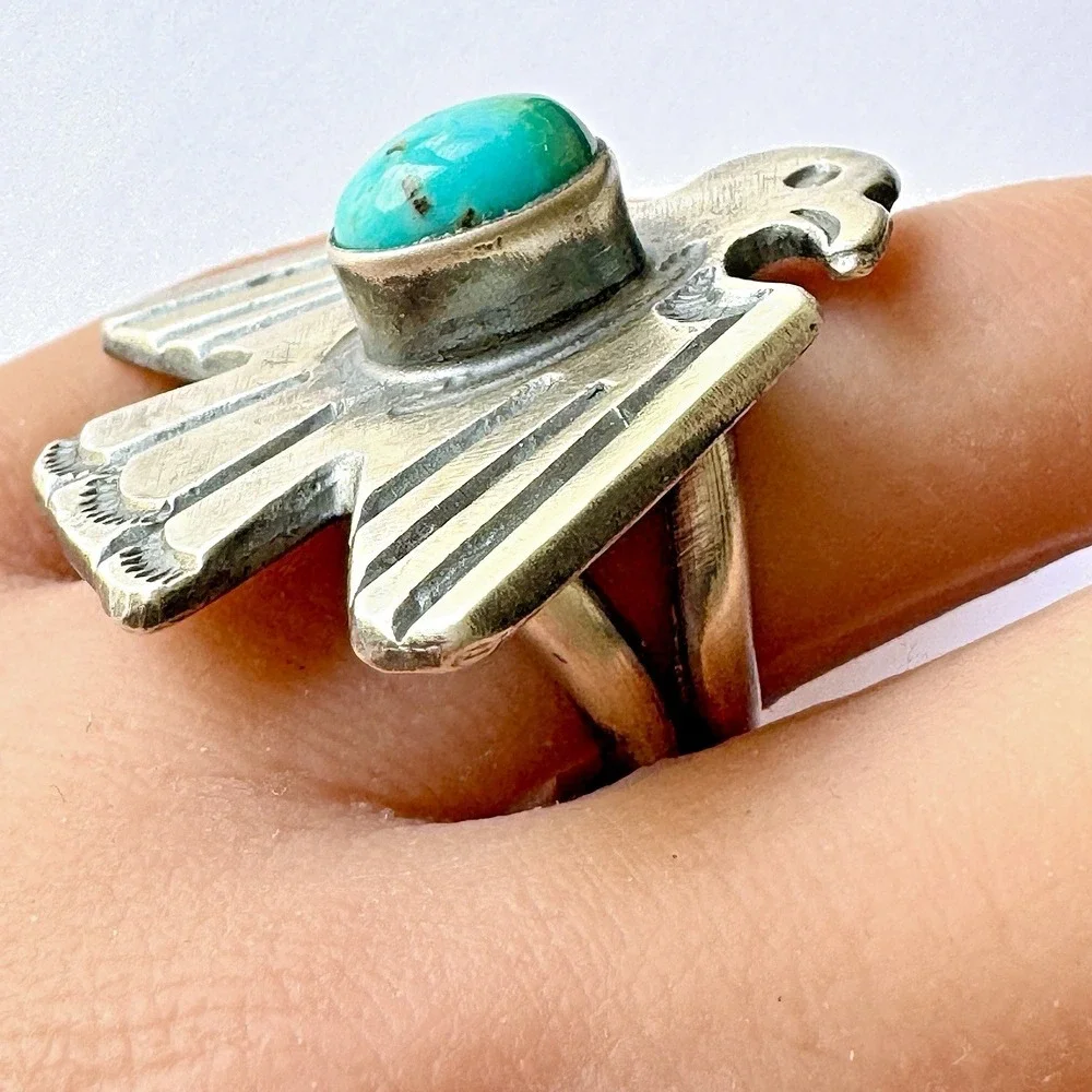 Navajo Thunderbird Turquoise Ring Sz 8 Chimney Butte Signed Sterling Native Amer